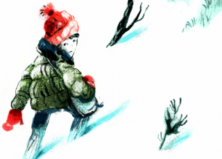 een getekend figuurtje van een jongetje met een groene winterjas en een rode muts en handschoenen loopt door de sneeuw