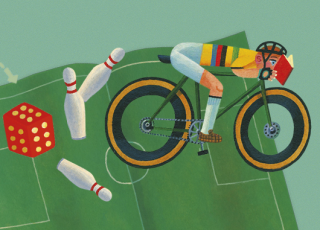 illustratie van een coureur op een fiets met de neus tussen een boek