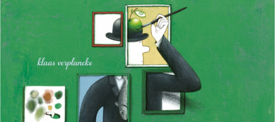 illustratie of boekcover van het boek 'De appel van Magritte' met stukjes uit het werk van René Magritte: een pijp, een bolhoed, een appel, enzovoort.