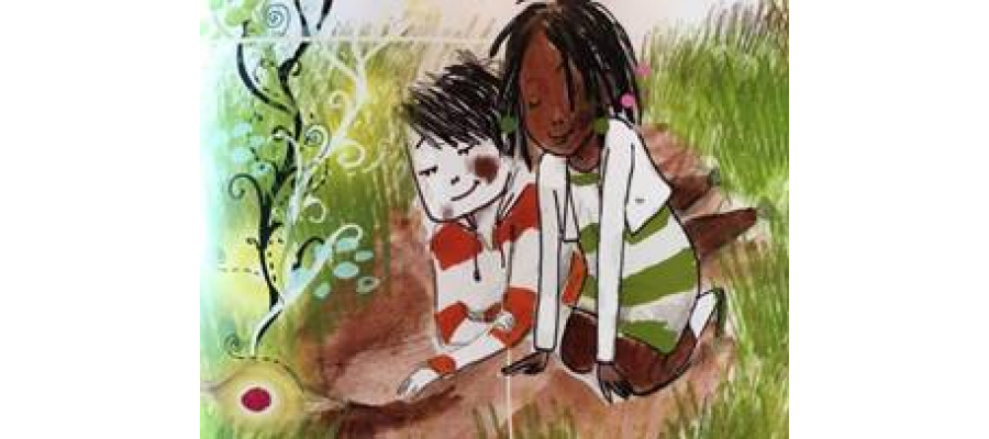 tekening van twee kinderen die samen een zaadje planten