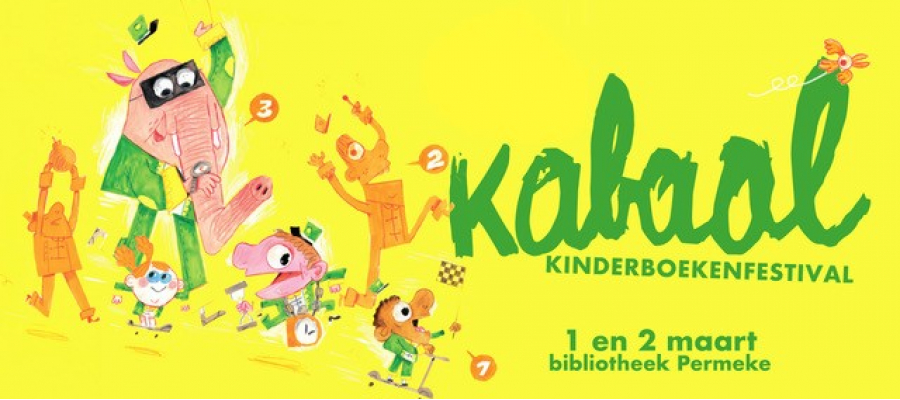 tekening met een vrolijke ventjes en een olifant, met de tekst: Kabaal kinderboekenfestival 1 en 2 maart bibliotheek Permeke