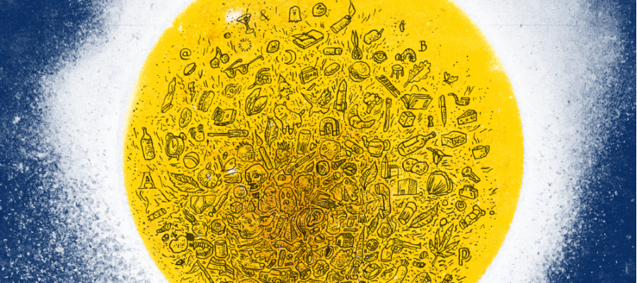 Illustratie: gele maan met tekeningetjes op een blauwe achtergrond