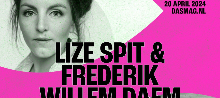 een roze met wit vlak met daarop de foto's en namen van Lize Spit en Frederik Willem Daem