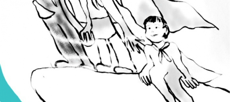 tekening: kinderen met een cape aan staan aan de rand van een klif