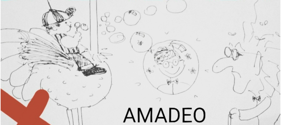 gekke tekening van een jongen met een petje die op een struisvogel zit, een oude man met een bril en een lange neus en denkballonnetjes