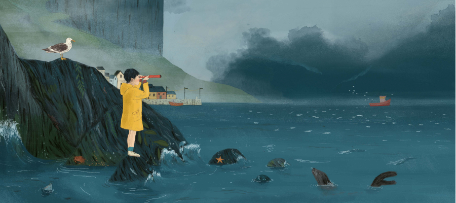 tekening: jongen met een gele oliejekker aan staat bij een rots en tuurt met zijn verrekijker naar de zee