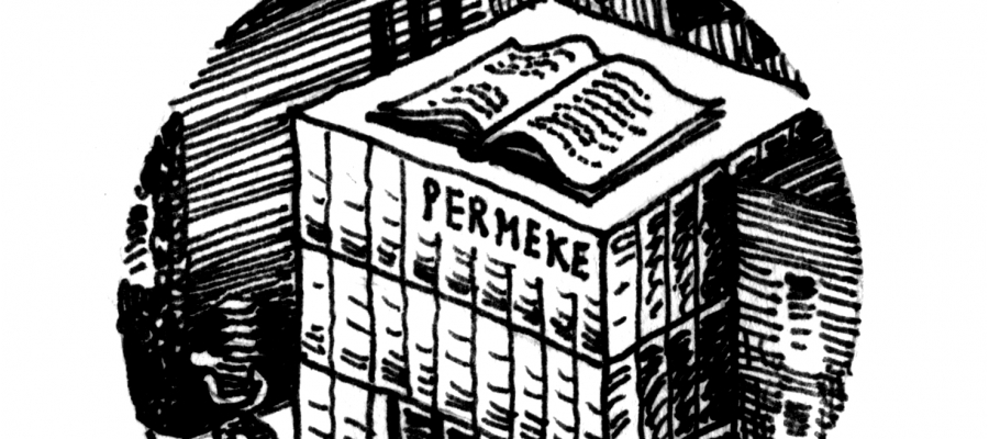 tekening in zwart wit van bibliotheek Permeke