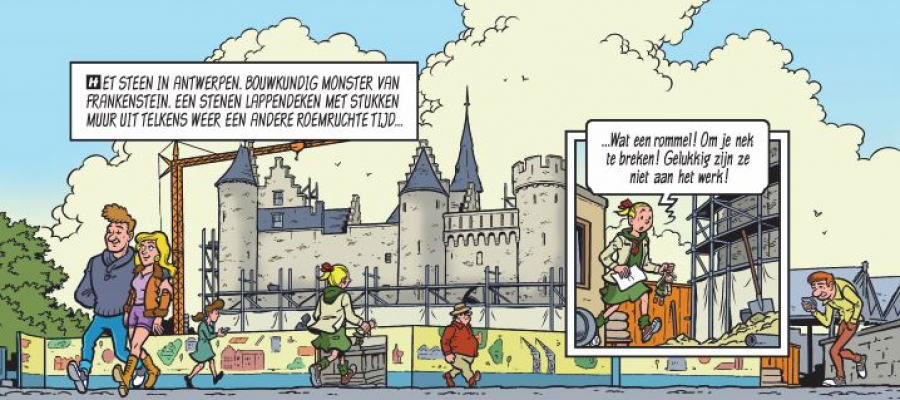 fragment uit de strip Het Gewiste Wiske met het Steen op de achtergrond.