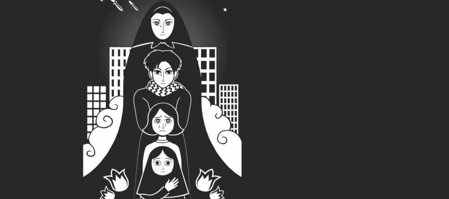 zwart-wit illustratie met vier vrouwelijke figuren boven elkaar, met op de achtergrond een flatgebouw