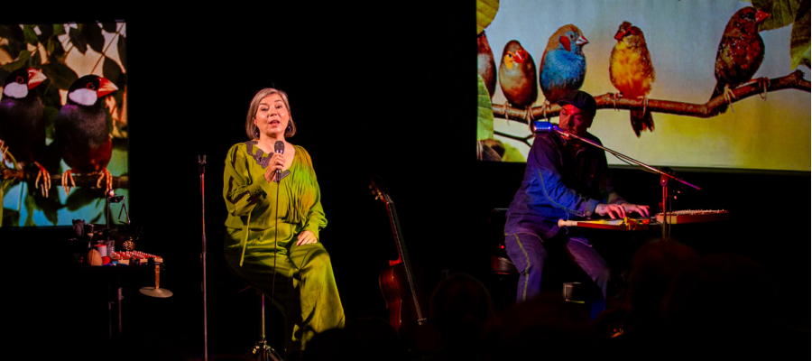 zangeres en muzikant op een podium met op de achtergrond illustraties van dieren