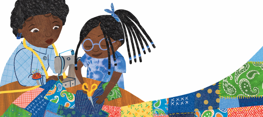 Illustratie met twee kinderfiguurtjes die samen een kleurrijk patchwork maken.