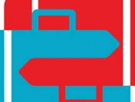 logo in blauw, wit en rood, als een abstract schilderij