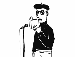 figuurtje achter een microfoon leest voor uit een boek