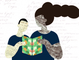 illustratie met een mannen- en vrouwenfiguur die samen een boek vasthouden